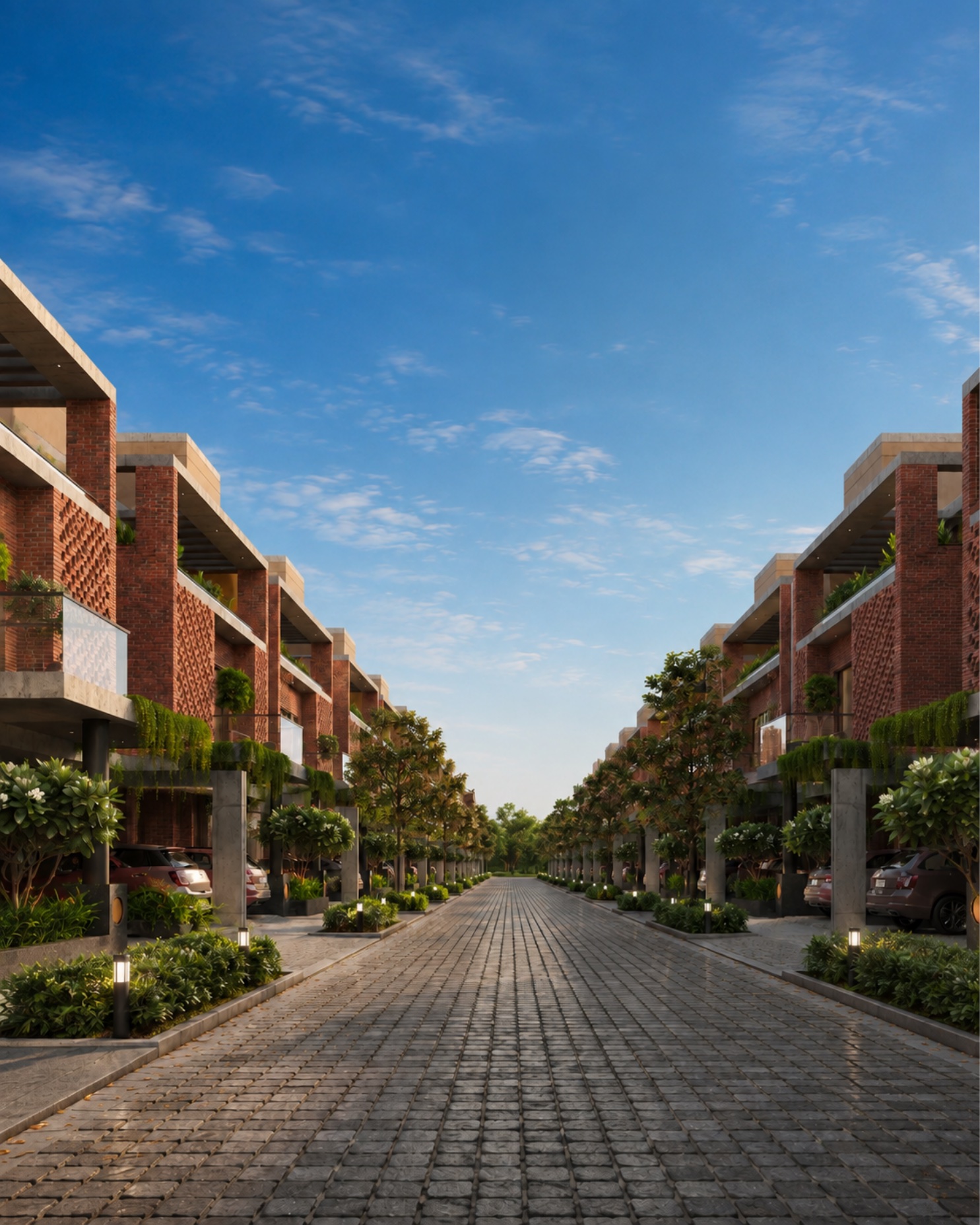Skycourt internal boulevard framed by landscaped villas